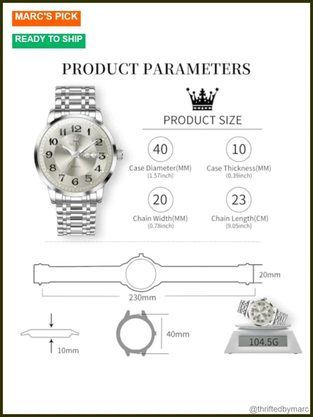 Big Dial Men's Watch Day Date Stainless Steel Quartz Analog Waterproof 40mm